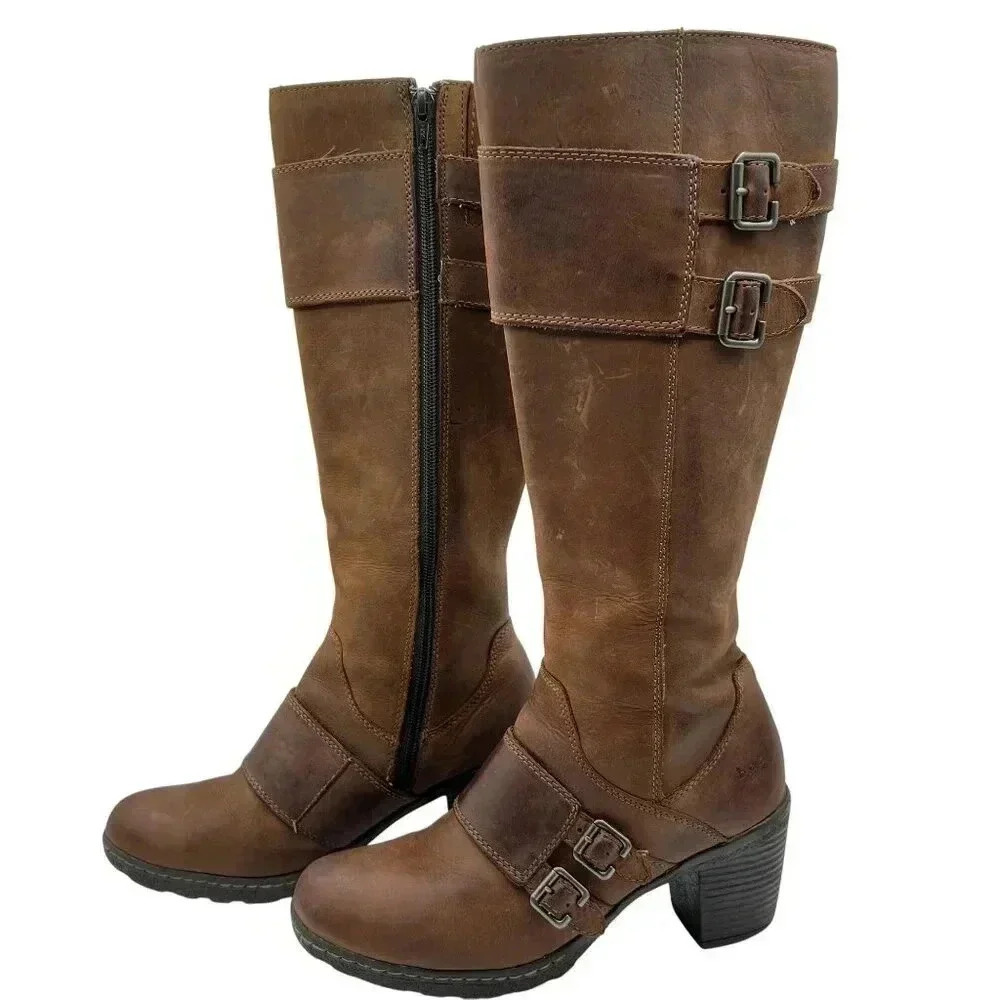 BOC Born Concept Leather Tall Riding Biker Boots Side Zip Buckle Strap Women 7-8
